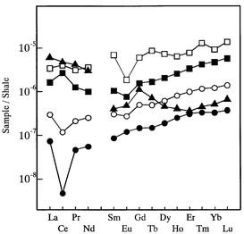 Post-Archean Average Australian Shale-normalized REE patterns for human
blood serum, sea-water and bovine whole blood. □, human blood serum
reference material (NIES No. 4) (this work); ■, human blood serum
(average concentrations in Table 4);
○, coastal sea-water (Nagoya port);26
●, open sea-water (north Pacific Ocean);29▲, bovine whole blood (IAEA A-13).30