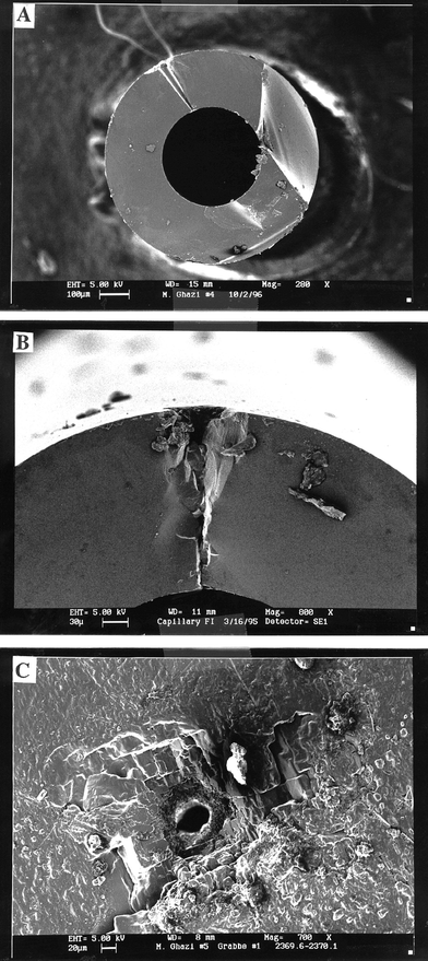 (A) SEM photomicrograph of a 4 μl volume microcapillary tube showing 
in cross-section one of the laser holes which has completely cut through 
the thickness of the wall of the microcapillary tube. (B) SEM 
photomicrograph showing mechanical damage (conchoidal fracture) in a 
cross-section of a microcapillary tube which indicates that the removal of 
solution is almost exclusively by mechanical forces rather than by 
vaporization. (C) SEM photomicrograph showing mechanical damage (three 
perfect cleavages) in a halite sample.