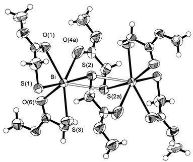 
           Crystallographic view of the dimeric arrangement of
[Bi(SCH2CO2Me)3] 3. Thermal
ellipsoids are drawn to 50% probability.
        