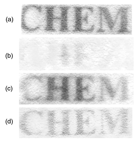  (a) Photoimage formed on the clay|AcH+ modified 
electrode in a solution containing 2 mM of DEPD and 3 mM of 
α-naphthanol (pH 4) under illumination (λ > 350 nm) and at 
E = 0.4 V vs. SCE for 1 min; (b) image erasing, after the 
image obtained in (a) was dipped in a dilute sulfuric acid for 1 s; (c) 
image recovering, the electrode in (b) was re-exposed to light in solution 
(a); (d) the image obtained after 20 consecutive exposure and erase 
cycles.