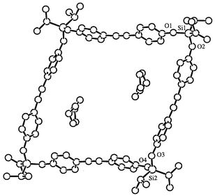 A structural diagram of the cyclic tetrayne 4 showing two 
molecules of occluded hexane in the interior of the ring. Selected bond 
distances (Å) and angles (°) are CC = 1.179(9) and 
1.213(9), Si(1)–O(1) = 1.635(4), Si(1)–O(2) = 1.646(4), 
Si(2)–O(3) = 1.654(4), Si(2)–O(4) = 1.652(4); 
O(1)–Si(1)–O(2) = 110.6(2), O(3)–Si(2)–O(4) = 
109.9(2).