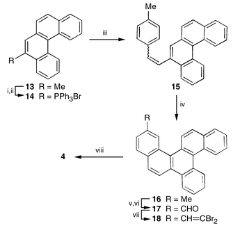 
          
            Reagents and conditions: i, NBS 99%; ii, PPh3, 
C6H6, 79%; iii, 
p-MeC6H4CHO, Cs2CO3, 
PriOH, 80%; iv, hv, I2, 
C6H6, propylene oxide, 65%; v, NBS, CCl4, 
44%; vi, (Bu4N)2Cr2O7, 
CHCl3, 77%; vii, CBr4, PPh3, Zn, 
CH2Cl2, 85%; viii, FVP, 1150 °C, 5–7%.
        