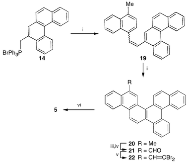 
          
            Reagents and conditions: i, 4-methylnaphthaldehyde, 
Cs2CO3, PriOH; ii, hv, 
I2, C6H6, propylene oxide, 50% (2 steps); 
iii, NBS, CCl4, 45%; iv, 
(Bu4N)2Cr2O7, CHCl3, 
70%; v, CBr4, PPh3, Zn, CH2Cl2, 
55%; vi, FVP, 1150 °C, 1–2%.
        