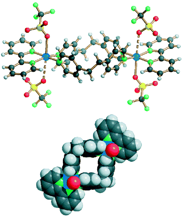 A lateral view (top)
and the sphere packing (bottom, showing only the oxygen atoms of the
coordinated anions) for compound 4a.
Click image or here to access 3D representation.