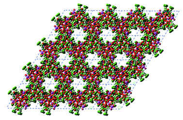 
          Crystal packing of 3 in the z projection showing the presence of small channels within the trimer and large channels between trimers. Click image or here to access 3D representation.
        