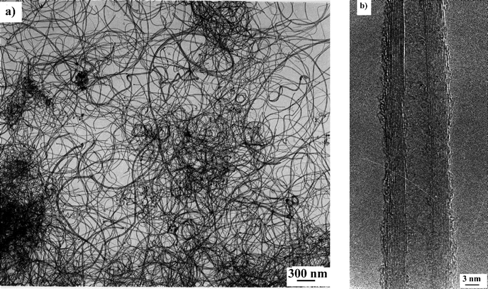 (a)
 Low and (b) high resolution TEM images of pure multi-wall nanotubes produced on a gram scale over a Co–NaY catalyst (porous impregnation, 5 wt.% of cobalt).