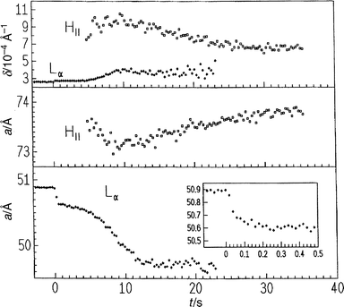 Lattice
 constants a and half-widths δ of the first-order Bragg reflections of the Lα phase and the HII phase of DOPE in excess water after a pressure jump from 300 to 110 bar at T=20°C.