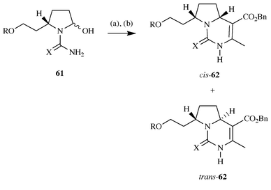 Reagents and conditions: (a) Benzyl acetoacetate (1.5 equiv.),
morpholinium acetate (1.5 equiv), CF3CH2OH,
Na2SO4, 60 °C, 48 h; (b) PPE,
CH2Cl2, 23 °C, 48 h.