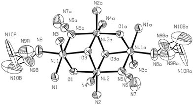 An ORTEP 11 view (50% probability) of the dicubane-like core structure showing the co-ordination polyhedra in the tetrameric units.

