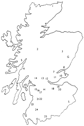 Map of Scotland showing the 25 rainwater sampling locations during December 1997 and January 1998 (see Table 2 for key) and the three long-term rainwater collection sites at Glensaugh (G), Hartwood (H) and Sourhope (S).