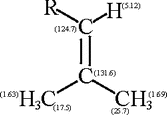 
            Structural characteristics of the secondary olefin present in modern Dammar polymer. Move your mouse over the atom to see the NMR resonances.
          