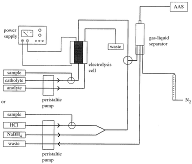 Diagram of the electrolytic and chemical hydride generation systems coupled to the flame heated quartz tube AAS.