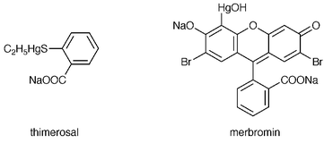 
            Structures of the organomercury compounds thimerosol and merbromin.
          