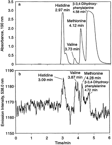 
            HPLC separation of 10−2 M histidine, valine, methionine and β-3,4-dihydroxyphenylalanine. (a) UV detection at 190 nm; (b) PB-HC-AES detection at the C I 583.0 1nm emission line. Vydac C18 column (250 × 4.6 mm id); 0.02% phosphoric acid–methanol (98 + 2); isocratic elution; flow rate, 1 mL min−1; injection volume, 20 µL.
          