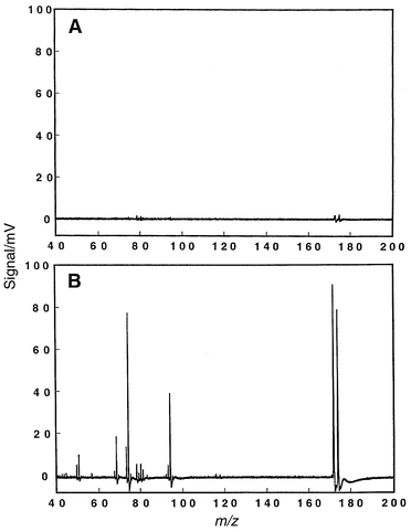 Molecular signal enhancement for bromofluorobenzene (BFB) that can be realized by collecting data at the optimal repeller delay as shown in Fig. 8. Plasma modulated at a rate of 10 Hz, discharge operating conditions: 15 mA/210 V, 5.40 Torr. Data collected on the digital oscilloscope; each displayed mass spectrum is the average of 200 spectra. A: Conventional triggering scheme of Fig. 2 employed to collect a time-averaged spectrum over the whole ionization cycle. B: Repeller delayed for optimal signal recovery.