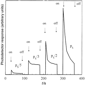 The kinetics of the photodetector signal in ellipsometric measurements on P-C[4]RA LB films (20 layers) in response to injection of hexane vapour.