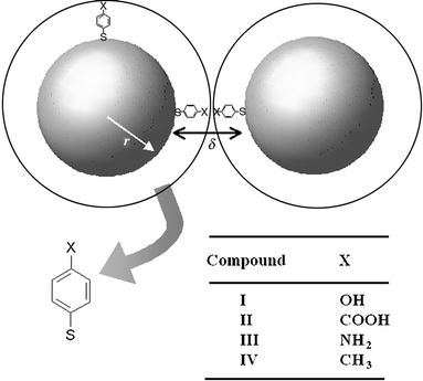 Schematic representation of two surfactant stabilised nanoparticles each of radius r, separated by a dielectric of relative permittivity εr and thickness δ (twice the ligand length). Four different functional ligands were used to stabilise the particles (I–IV).