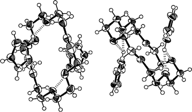 
The ORTEP-312 plot of complex 9 (18C6·1) which is exceptionally a 1:2 complex in the solid state. The hydrogen bonds are shown as broken bars and the thermal ellipsoids are drawn at the 50% probability level. The perchlorate anions are excluded for clarity.
