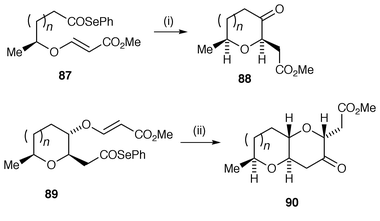 Reagents and conditions: i, (Me3Si)3SiH, Et3B, PhH, rt, air; n = 1, 94%, cis∶trans = 5.7∶1; n = 2, 90%, cis∶trans
≥19∶1; ii, (Me3Si)3SiH, Et3B, PhH, rt, air; n
= 1, 91%; n = 2, 99%.

