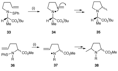 Reagents and conditions: i, Bu3SnH, AMBN, PhMe, reflux, 6 h, 81%; a. R = H 92%, de = 57%; b. R = Bn 44%.
