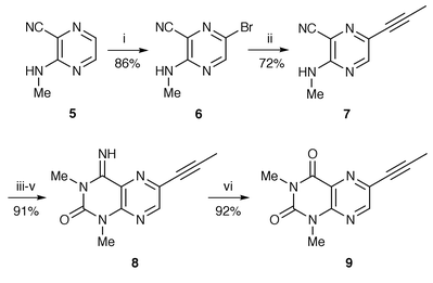 
          Reagents and conditions: i, Br2, NaOAc, AcOH; ii, MeCCH, Pd(dba)2, (o-tolyl)3P, CuI, Et3N, MeCN (reflux); iii, NaH, THF; iv, MeNCO; v, aq. HCl then NaHCO3; vi, aq. HCl, MeCN (reflux) then NaHCO3.
