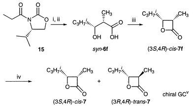 
          Reagents and conditions: i, (C4H9n)2BOTf, (C2H5)3N, 0 °C, then C3H7iCHO, −78 °C; ii, TsCl, pyridine; iv, LDA then CH3CO2H; v, Chiral GC ASTEC CHIRALDEX B-PH; rt [(3S,4R)-cis-7f ] 12.5 min (major), rt [(3R,4S)-cis-7f ] 13.6 min (minor), rt [(3R,4R)-trans-7f ] 6.9 min (major), rt [(3S,4S)-trans-7f ] 7.1 min (minor).
