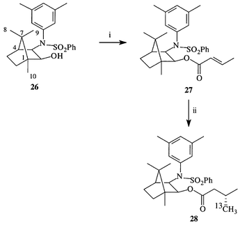 
            Reagents: i, Crotonyl chloride, molecular sieves, 81%; ii, 13CH3Cu·BF3, 79%.

