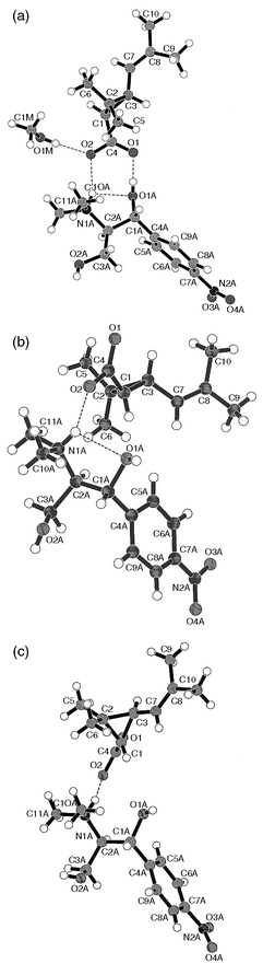 Structure of the ion pairs of 1 (a), 2 (b) and 3 (c) in their crystals.
