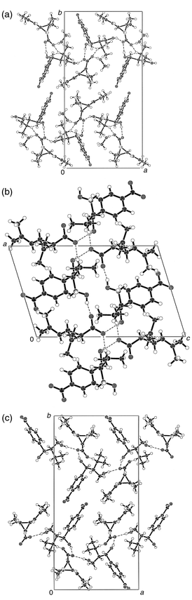 Crystal packing diagrams of 1 (a), 2 (b) and 3 (c). Hydrogen bonds are shown with dashed lines, heteroatoms with different shadings.
