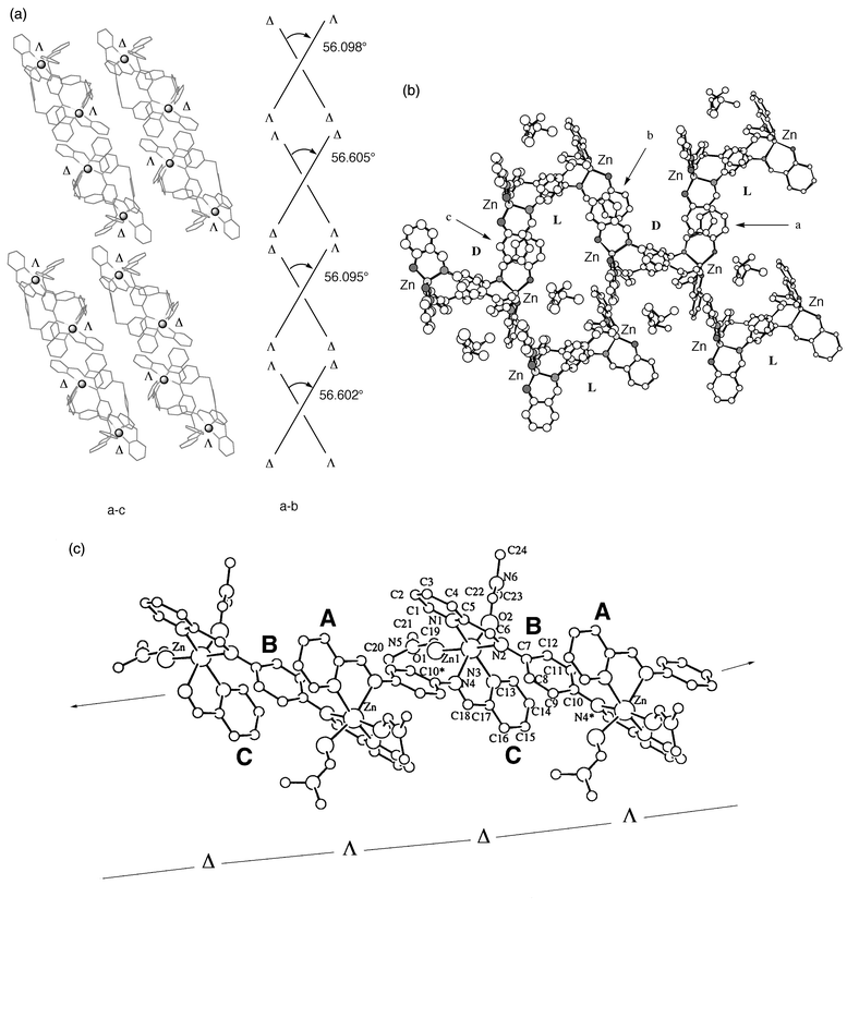 Chiral packing mode in the solid state of 1 (a), 2 (b) and 3 (c).
