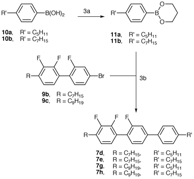 3a ... Propane-1,3-diol, hexane; 3b ... Pd(PPh3)4, K3PO4, DMF.