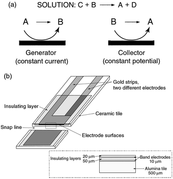 (a) Electrochemical titration using dual microband electrodes. B, 
titrant; C, analyte. (b) Printed double microband electrode.4 Au electrodes nominally 10 μm × 0.5 
cm.