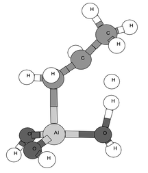 
          Left: transition structure (TS1) for the chemisorption of propane
(primary C–H) on a tricoordinated aluminium cluster ( 1
→
5a). Right: transition structure (TS2) for the elimination
of propane from the chemisorbed complex 5a.
        