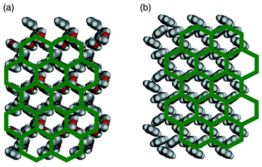 Space-filling illustrations of the hexagonal (6,3) networks formed by 
(a) veratrole, and (b) naphthalene in the intepentrated structures [Ni- 
(bipy)2(NO3)2]·3aromatic.
