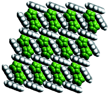 A space-filling illustration of the crystal structure of the cocrystal 
formed by ferrocene (green) and pyrene.