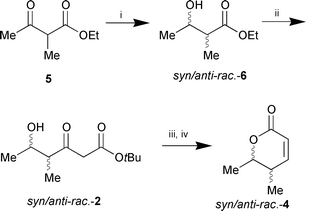 Reagents and conditions: i, NaBH4, EtOH, 
0 °C (83%); ii, CH2C(OLi)OtBu, THF, 
−30 °C (53%); iii, NaBH4, EtOH, 0 °C; 
iv, cat. TsOH, toluene, reflux, 2 h (60% over two steps).