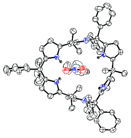 The molecular structure of the complex between calix[6]pyrrole and 
nitrotoluene/nitrobenzene. Molecules that are not situated in the cavity of 
the host have been omitted for clarity.