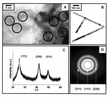 (A) HRTEM analysis of spherical ZnTe nanocrystals grown at 240 °C, 
(B) TEM analysis of rod-like ZnTe nanocrystals, (C) powder X-ray 
diffraction and (D) selected area diffraction patterns of 4.2 nm ZnTe 
nanocrystals.
