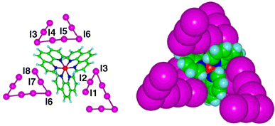 
            The occupancy of the three grooves of a [Fe(phen)3]2+ complex by three different linear segments of the I82– ion in crystalline [Fe(phen)3]I8, shown with atoms labelled (left) and with space-filled (right).
          