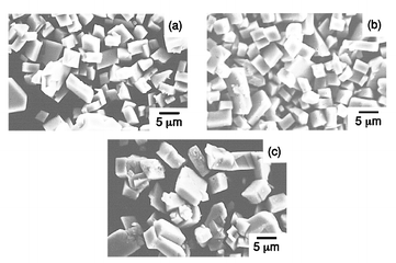 
                SEM photographs of BaSO4 particles precipitated in BaII(EGTA)2−–Na2SO4 solutions after 2 h. [EGTA]/[Ba2+]⊕=⊕1.5, [SO42−]/[EGTA]⊕=⊕5, at (a) 90 °C, (b) 120 °C and (c) 150 °C.
              