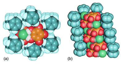 
          a) Space-filling representation of crystalline 2 along the a axis, showing the chelation of the Cl− anion (green balls) by the croconic acid. b) A side-view of the [Cl]−·H2C5O5 pile surrounded by the cobalticinium cations. H(cp) omitted for clarity. Click image or here to access a 3D representation.
        