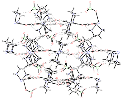 Projection of the 3D hydrogen-bonded structure down the b axis. Dashed lines represent hydrogen-bonded interactions. Click image or here to access a 3D representation.
