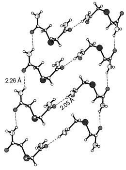 
          Linear chain arrangement between the adjacent molecules of thiodiglycolamide in the tetragonal form. Notice the formation single N–H⋯O hydrogen bonds, unlike the cyclic rings formed in the triclinic form. Click image or here to access a 3D representation.
        
