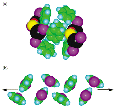 
            Two EF-based embraces between (Ph3P)2Ag(OSC2OS)Ag(PPh3)2 molecules in CEFMIJ. (a) Lateral (EF)2(OFF) embrace around centres of inversion of type b (1/2, 1/2, 1/2) linking molecules laterally along the b direction [cf.Fig. 7 for (Ph3P)2Ag(O2C2O2)Ag(PPh3)2]. (b) Continuous ribbon of EF motifs, propagated by centres of inversion at (0, 0, 1/2) and (0, 1/2, 1/2), linking the ends of molecules.
          