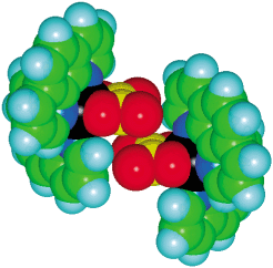 
            Centrosymmetric OFF motif between two oxalate ligands in [Co(phen)2(ox)]I(H2O)2(EtOH)0.5, 3. The shortest C⋯O distance is 3.1 Å. The oxalate ligands are offset so that the more negatively polarised O atoms approach the more positive C atoms.
          