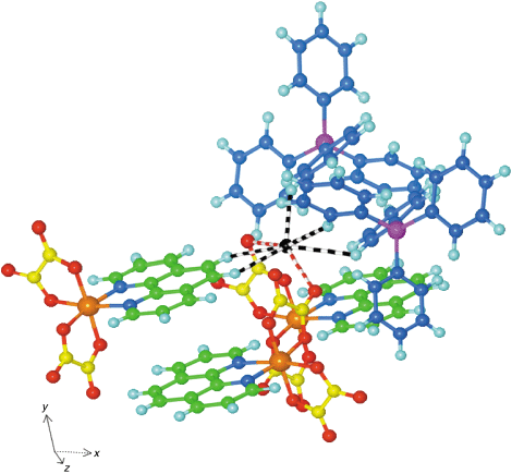
            Around the water molecule in 1 there are five C–H⋯O(water) contacts at < 3 Å
(black and white candystripes), in addition to the two (water)O–H⋯O(oxalate) hydrogen bonds (red and white).
          