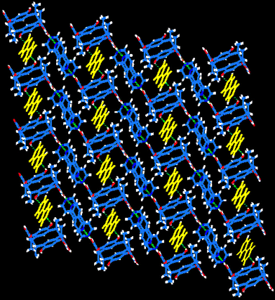 
          The three-dimensional network of 1. One sheet is shown. Bipyridine molecules connecting the sheets are shown in yellow. Click image or here to access a 3D representation.
        
