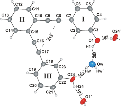 
          Structure of enediyne 3 including hydrogen bonds to the water molecule of crystallisation. Bond distances are provided in pm.
        