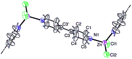 
          Displacement ellipsoid plot27 of a section of the coordination polymer [ZnCl2(μ-bpy)]∞, 7. Ellipsoids are scaled to 50% probability, H atoms are represented with arbitrary radius. Click image or here to access a 3D representation.
        