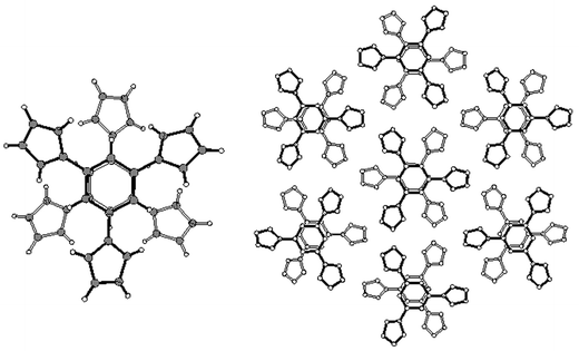 
          Dimer (left) and complete structure (right) of heterocycle 3. H atoms are removed in the right view for clarity. Notice how the absence of lateral offset in π–π stacking is compatible with supramolecular hexagonal symmetry.
        